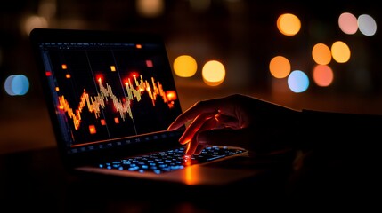Night trading, hand on laptop, stock market graph.