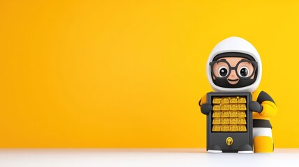 A cheerful character holding a gold bar display against a yellow background.