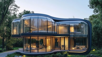 Obraz premium Futuristic glass structured architecture house in nature. The home has modern interior design and looks beautiful.