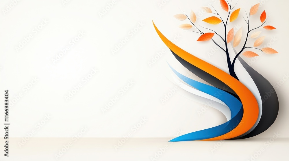 Poster abstract design featuring colorful flowing shapes and a tree.
