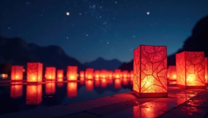 Intricate paper lanterns illuminate night sky, korea, red