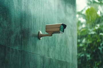 Surveillance camera captures rain as droplets cascade over its lens in a lush outdoor setting