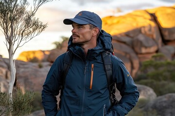 The iconic story rocks of theLow palette of colors, twilight sky with hues of orange and pink in early evening, clear blue skies, isolated white eucalyptus tree on left side of composition, foreground