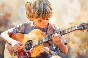 Obraz premium A young boy playing an acoustic guitar outdoors, showcasing creativity and musical passion.