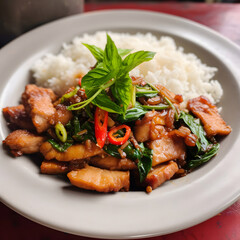 Holy basil rice, Minced pork with basil, Thai food.