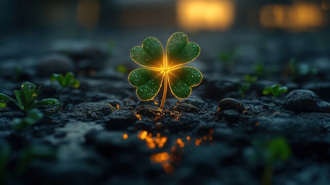 Glowing four-leaf clover sprouting from dark earth.