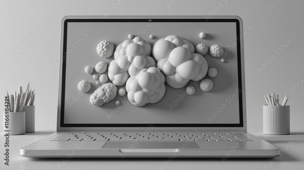 Poster modern digital art depicting abstract white forms on a laptop screen in a minimalist workspace setti