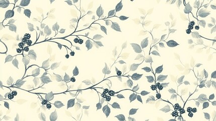 "Exquisite Botanical Blackberry Vine Wallpaper Pattern: Seamless Repeating Design in Gold and Blue-Gray Elegance"