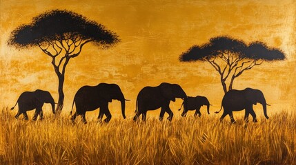 Fototapeta premium African Elephants Silhouette Golden Sunset Savanna Landscape