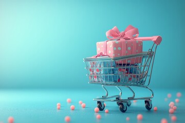 3D render of a gift in a shopping cart on a blue background, minimalistic 50s style, Easter theme, pastel colors, cute and adorable design.