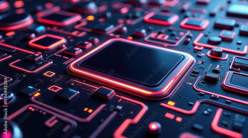 Poster intricate circuit board design illuminated by glowing neon lights in a futuristic setting