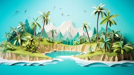 Fototapeta premium Paper cut tropical island with clear waters, space on the left, backlighting, light aqua background,generative ai illustration