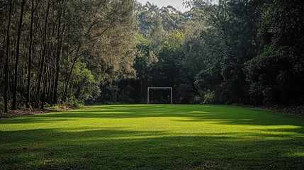 Obraz premium Goal posts on a rugby pitch surrounded by trees