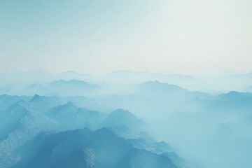 The mountains of China cover the sky, with dense fog and mist floating within. The distant view is vast. It features high-definition photography style, layered composition, and blue tones.
