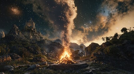 Majestic Campfire Under Starry Skies and Cosmic Background