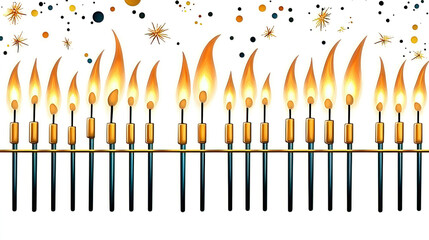 Fototapeta premium Hanukkah, also known as Chanukah, celebrates a miracle of light. Families gather to spin the dreidel and share latkes. Colorful Flame Design with Motion in Background of Sparks
