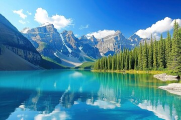 The picturesque lake in the beautiful banff national park, Canada. The turquoise waters of Moraine Lake reflect the surrounding mountains and forests at sunrise. A perfect scene for an adventure trave