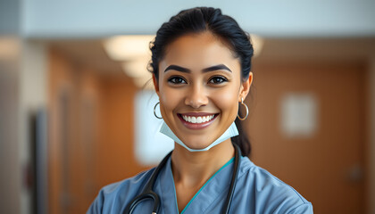 Head shot portrait smiling mixed race female doctor in uniform, cinematic. isolated with white highlights