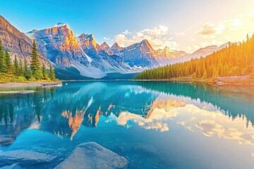 Fototapeta premium The picturesque lake in the beautiful banff national park, Canada. The turquoise waters of Moraine Lake reflect the surrounding mountains and forests at sunrise. A perfect scene for an adventure trave