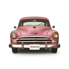 vintage pink car with charming front view, featuring unique license plate that reads Forever Love. This classic vehicle evokes nostalgia and romance