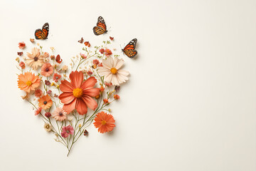 Beautiful floral arrangement with butterflies, featuring vibrant orange and pink flowers, creating heart shape on light background