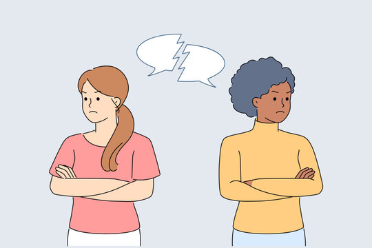 Conflict between two women caused by misunderstanding, among girls looking in different directions