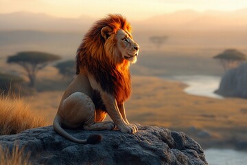 Majestic lion resting on a rock under a golden sky at sunset in the savanna. Generative AI