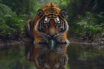 Fototapeta premium Majestic tiger prowls near water in lush green jungle habitat. Generative AI