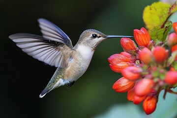 Fototapeta premium Hummingbird hovering near bright red flowers in a vibrant garden setting. Generative AI