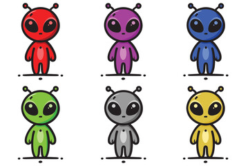 Set of 6 colorful alien illustrations, each with unique designs and vibrant colors. Perfect for sci-fi themes, kids&rsquo; projects, or playful visuals. High-quality and versatile digital artwork.