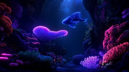 Glowing underwater scene with vibrant coral and bioluminescent fish.