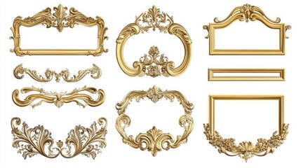 Golden and wooden frames on white background. Decorative elegant luxury design, frame set, collection, rococo style,
