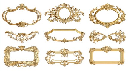 Golden and wooden frames on white background. Decorative elegant luxury design, frame set, collection, rococo style,