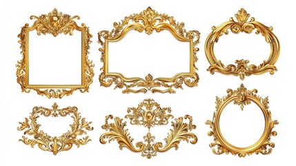 Golden and wooden frames on white background. Decorative elegant luxury design, frame set, collection, rococo style,