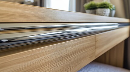 Elegant wooden surface with chrome details and soft decor accents