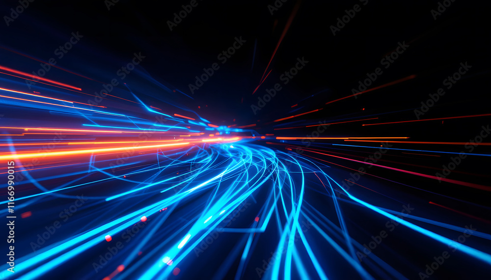 Poster abstract light trails and data streams, interconnected light fibers background, blue and red energy 