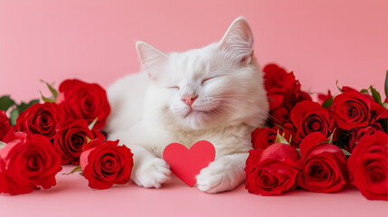 Close-up of smiling white cat holding red heart-shaped card with red roses on pink background for Valentine's Day