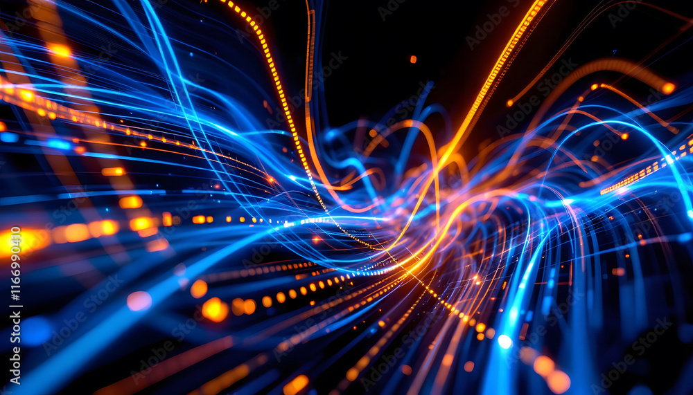 Poster abstract light trails and data streams, interconnected light fibers background, blue and red energy 