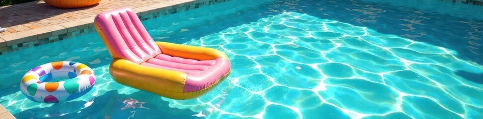 Illustration of a sunken lounge chair with inflatables and pool toys, poolside relaxation, pool party