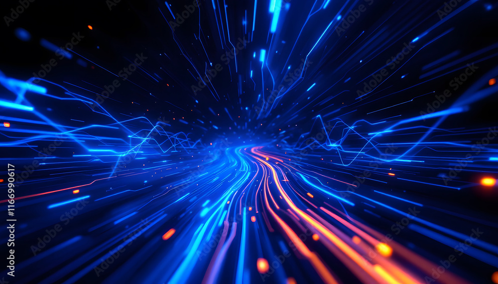 Poster abstract light trails and data streams, interconnected light fibers background, blue and red energy 
