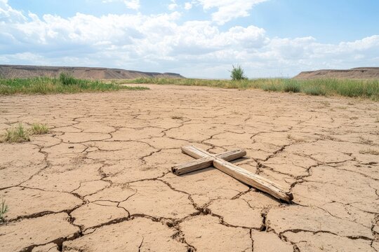 Dry landscape with a wooden cross marking the barren terrain under a cloudy sky near a desert area