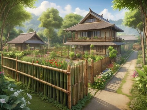 A countryside home with a bomboo fence, a garden filled with vegetables and flowers