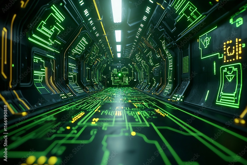 Poster captivating cyberpunk inspired circuit board landscape with cascading data streams and futuristic in