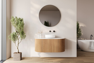 Modern bathroom interior with dark brown parquet floor, two sinks, double mirrors, white bathtub,...