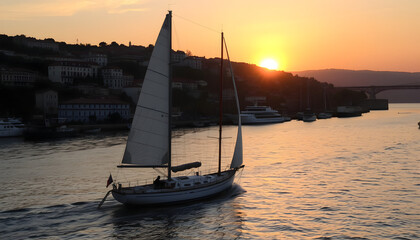Sailboat Sailing On The Tajo River In Lisbon And Sunset, vintage. isolated with white highlights