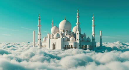 Naklejka premium Magnificent Islamic mosque with intricate white domes and minarets