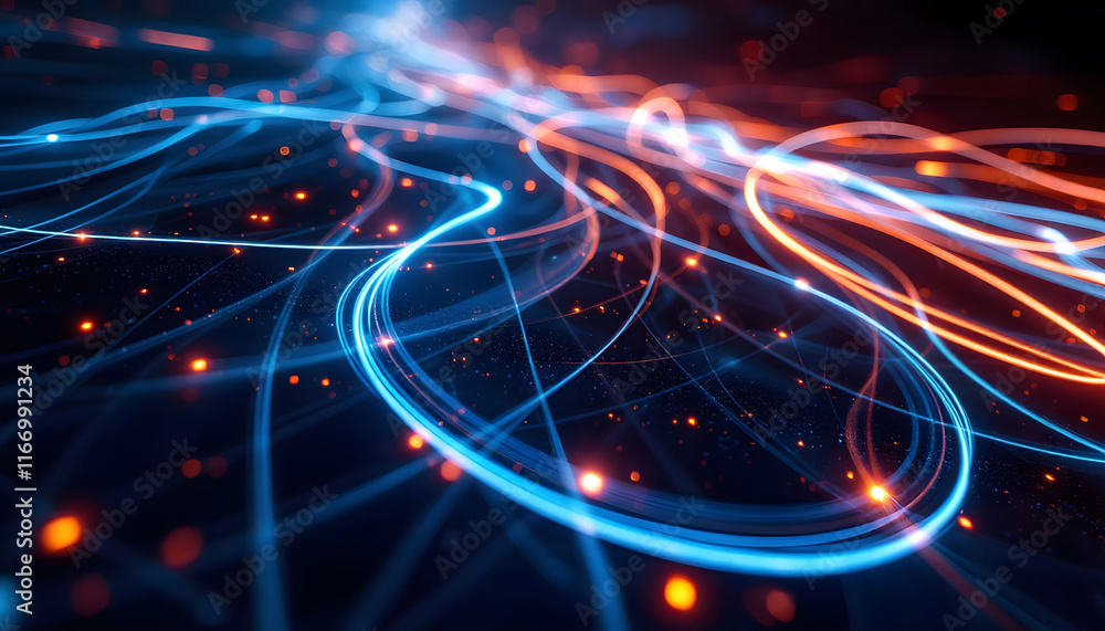 Poster abstract light trails and data streams, interconnected light fibers background, blue and red energy 