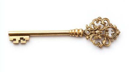 Golden key isolated on white, white background