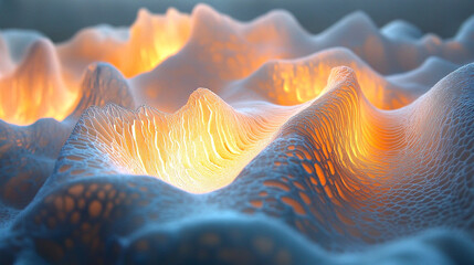 Layers of glowing edible waves crafted from sugar glass, flowing dynamically in a mesmerizing pattern.