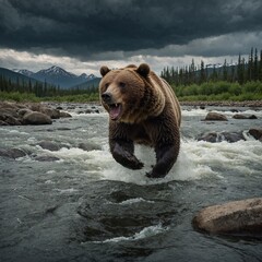 Obraz premium A grizzly bear roaring on a rocky riverbank, with salmon jumping in the rushing river and dramatic storm clouds overhead.